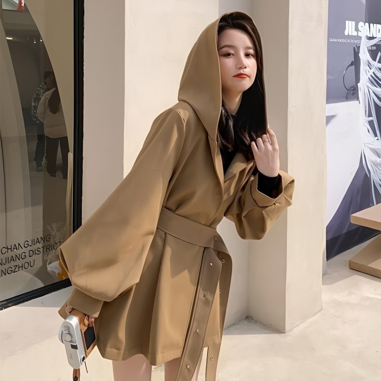Korean Style Windbreaker Short2023Women's plus Size Women's Loose Hooded Spring Slimming Mid-Length Coat