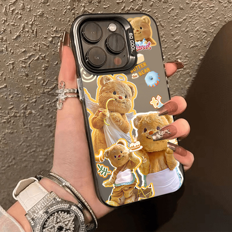 เคสไอโฟน16 สีดำหรูหราซิลิโคนแข็งกรณีโทรศัพท์ for IPhone 13 15 7Plus 14 12 11 16 Pro MAX 8 6 7 6S Plus หมีเนยโชคดี