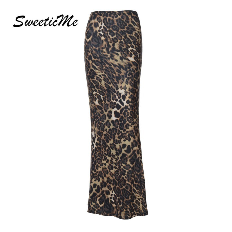 SweeticMe Womens New Fashion Street Sexy Slim Fit Elegant Leopard Print Long Skirt