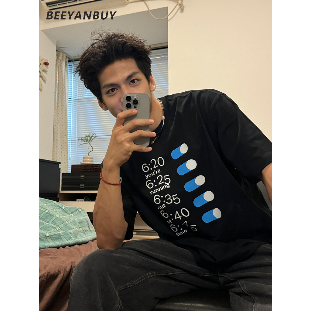 Beeyanbuy เสื้อยืด Oversize, วินเทจสนุกนาฬิกาพิมพ์หลวมพอดีแขนสั้นเสื้อยืด