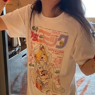 COD（จัดส่งภายใน 24 ชั่วโมง）เสื้อยืด oversized t shirt ลายการ์ตูน cotton สไตล์ญี่ปุ่น สีขาว เสื้อ