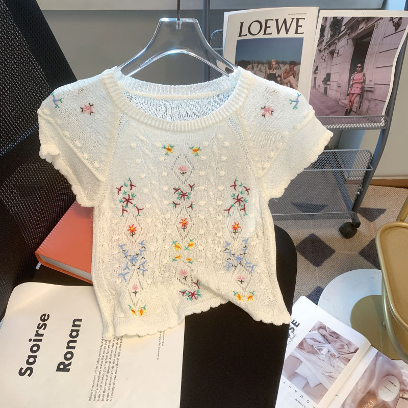🧡LINNA🧡เวอร์ชั่นเกาหลี คอกลม เย็บปักถักร้อย แขนสั้น ถัก เสื้อเชิ้ต
