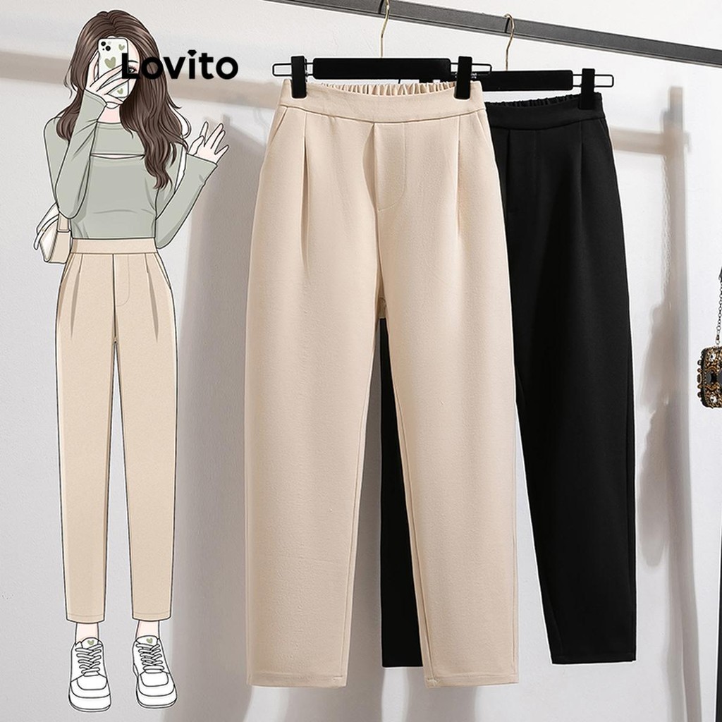 Lovito กางเกงผู้หญิง สีพื้น สไตล์ลำลอง LNM65004