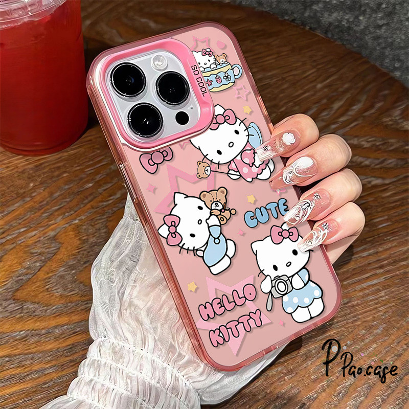 น่ารัก HelloKitty เข้ากันได้เคสไอโฟน 16 11 15 13 12 14 Pro Max XR X XS Max 16 7 14 8 Plus SE 2020 โบว์สีชมพูห้าดาวเคส