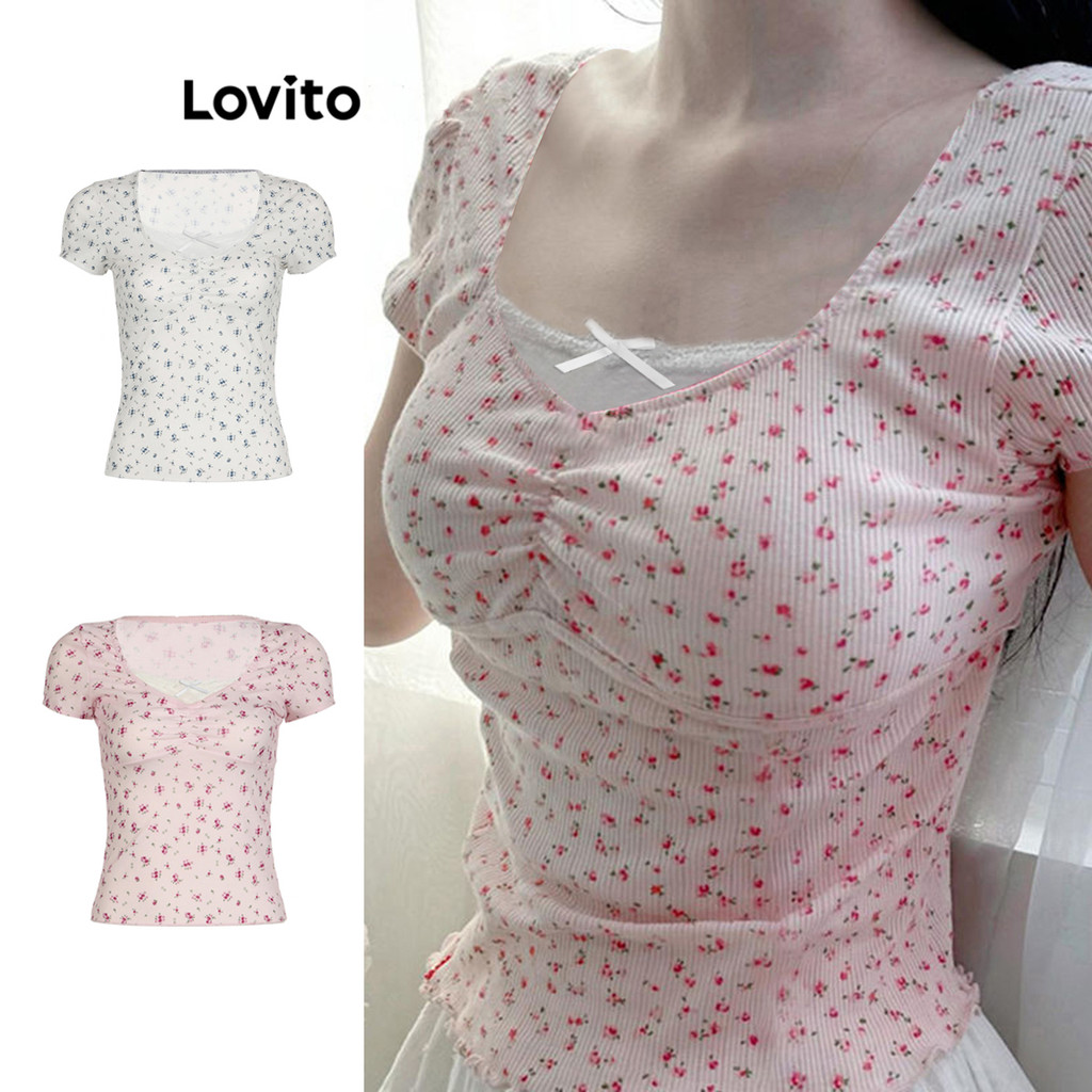 Lovito เสื้อยืดผูกลายดอกไม้ ดิทซี่ แบบสบาย ๆ สำหรับผู้หญิง LNE71323
