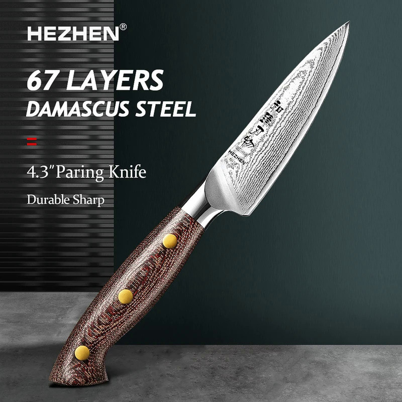 HEZHEN 4.3 Inches Paring Knife 67 Layers Damascus Steel Sharp Tools Peeling Fruit Knives Micarta Han