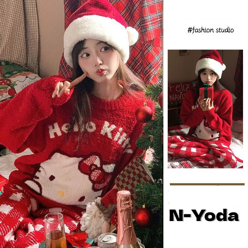 N-Yoda เสื้อกันหนาวลายการ์ตูนขนยาวเสื้อกันหนาวคริสต์มาสสีแดงหลวมแบบใหม่