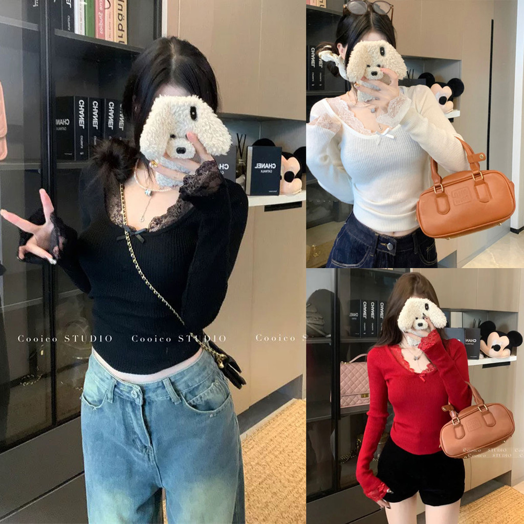 Dahong N082  เสื้อไหมพรมแขนยาว ลูกไม้เย็บเสื้อ ผ้านิ่มยืดได้เยอะ สไตล์เกาหลี