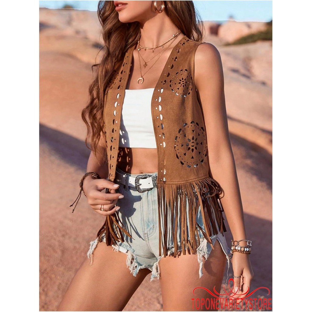 Topone-women Fringe Faux Suede Casual เปิดด้านหน้าแขนกุดพู่ Hippie Vest