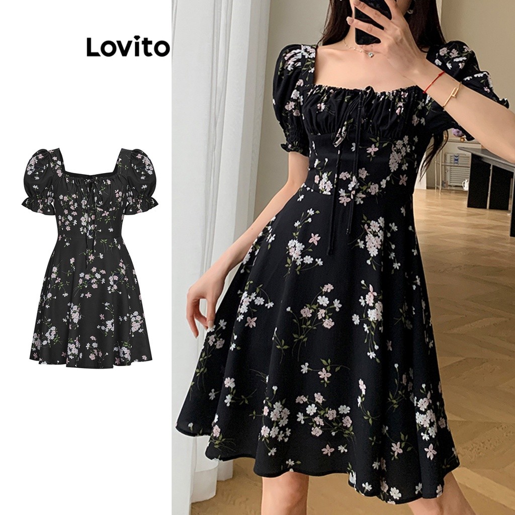 Lovito เดรสผู้หญิง ผูกเชือก ลายดอกไม้ สไตล์ลำลอง L68ED190 (สีดำ)