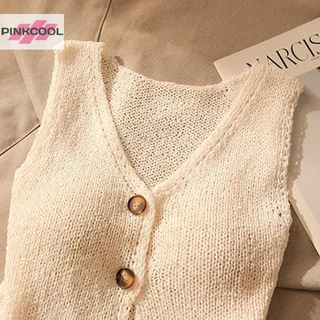 Pinkcool ฤดูร้อนผู้หญิงแฟชั่นสีทึบปุ่มเก๋คอวีแขนกุดถัก Camisole HOT