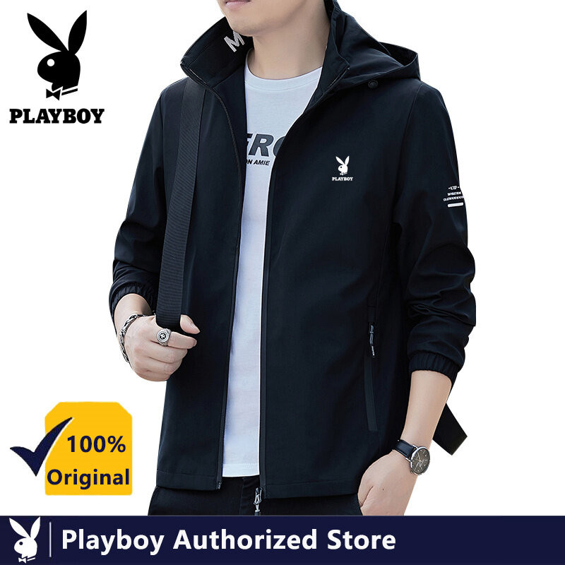 เพลย์บอย เสื้อแจ็คเก็ตมีฮู้ดผู้ชายแฟชั่นสีทึบเรียบง่ายสันทนาการซิปคอปกเยาวชน