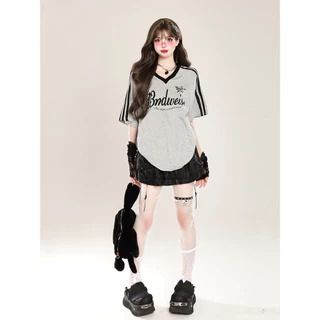 Solovely ผู้หญิง สไตล์เกาหลี ปักลาย ผ้าฝ้าย เสื้อตัวบน สีเย็บ ลายทาง คอวี โอเวอร์ไซส์ เสื้อยืด