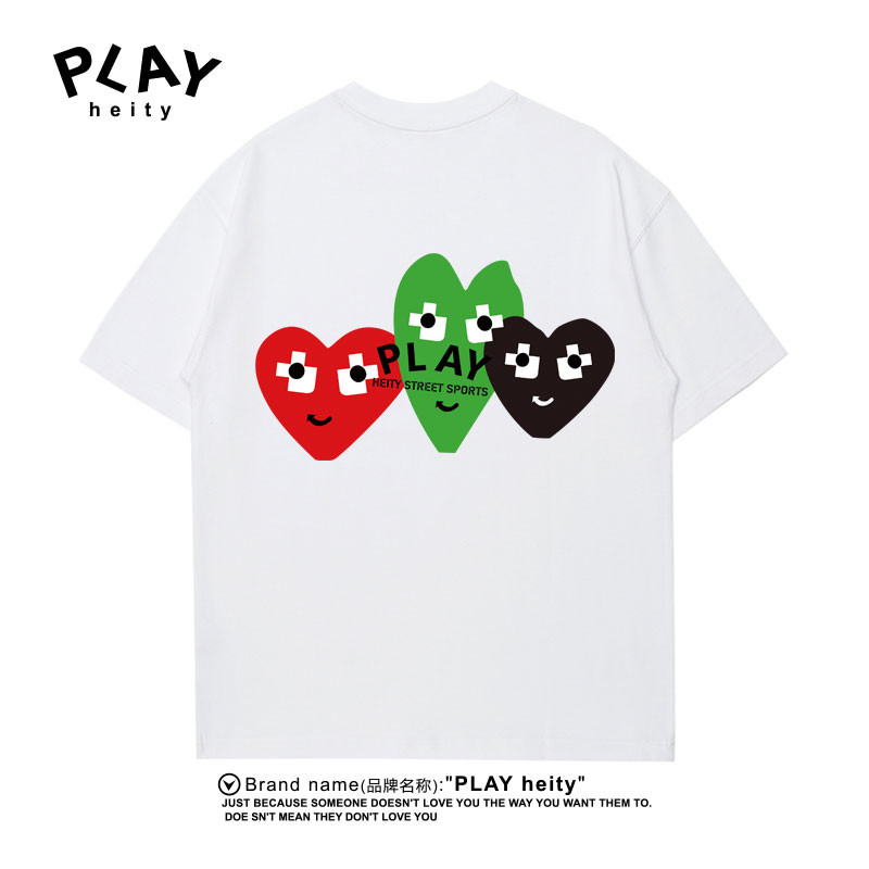 เล่น CDG เสื้อยืดแขนสั้นฤดูร้อน Street Wear ผู้ชายผู้หญิงรอบคอแฟชั่น Simple หลวม Top Collar Label + 