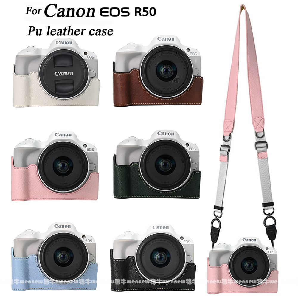 R50 Casing PU Leather Case for Canon EOS R50 Camera Bag Half Body Cover Camera Shoulder Strap