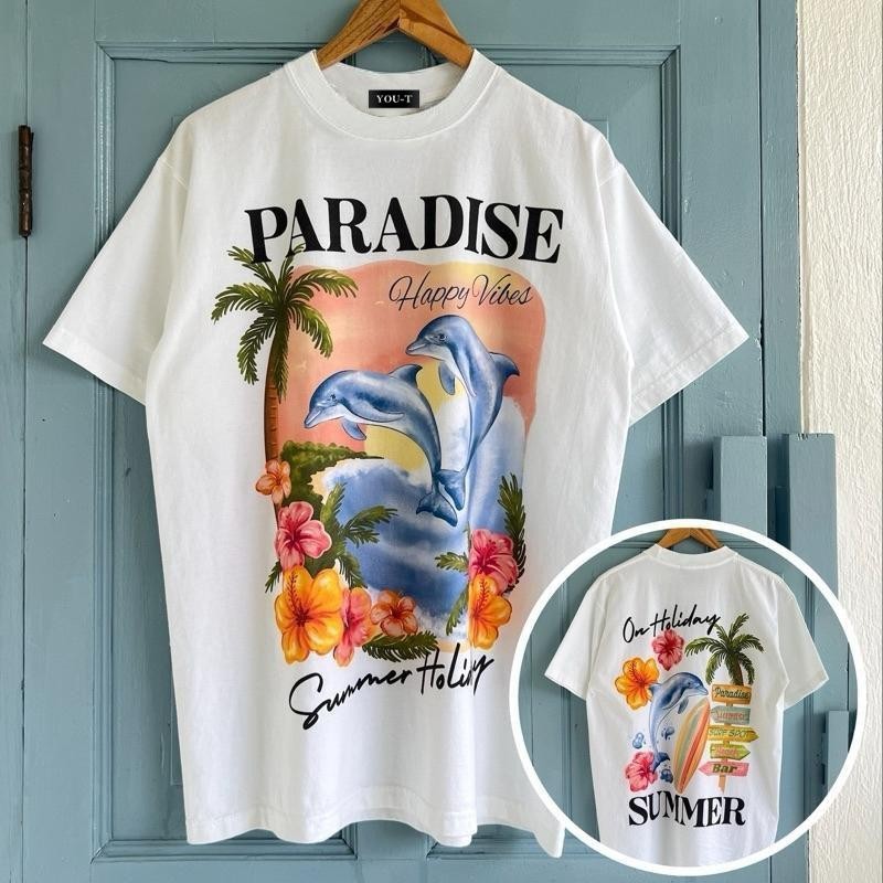 YOU-T🌊  เสื้อยืดแขนสั้นชาย  "AMALFI COAST"เสื้อยืดพิมพ์ลาย  ฝ้าย100%  อเมริกันย้อนยุค  Unisex OVERSIZE S-4XL🏖️