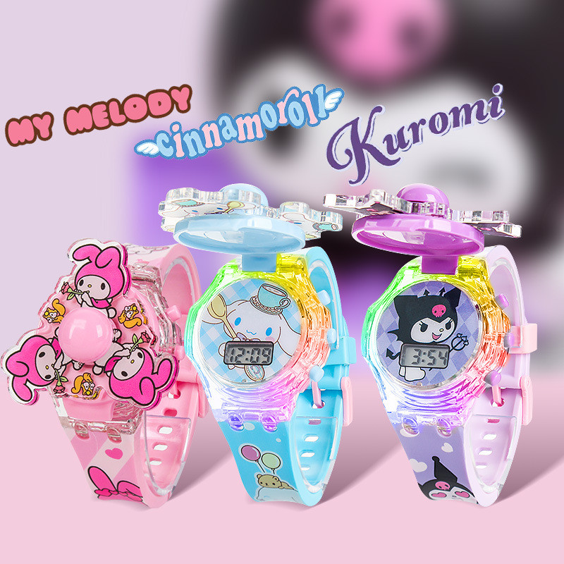 เด็กการ์ตูนเพลงนาฬิกา สีสันส่องสว่างหมุนไจโร kuromi Cinnamoroll melody kitty ultraman sipder man นาฬิกาอิเล็กทรอนิกส์ของเล่นสําหรับเด็กหญิงและเด็กชาย