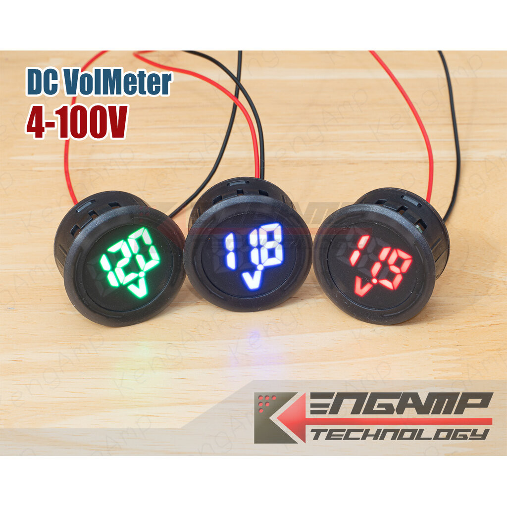 (สินค้ามีตัวเลือก) [KIT] DC Voltmeter แบบกลม 4-100Vdc มี สีแดง น้ำเงิน เขียว สำหรับฝังแท่น รูติดตั้ง 30mm