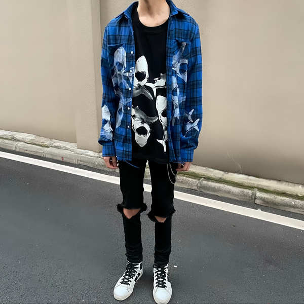 เสื้อเท่ๆ เสื้อฮาวายผู้ชายไซส์ใหญ่ ฤดูใบไม้ผลิฤดูร้อน ami เสื้อฉลามสีฟ้า High Street Entry นักเรียนย