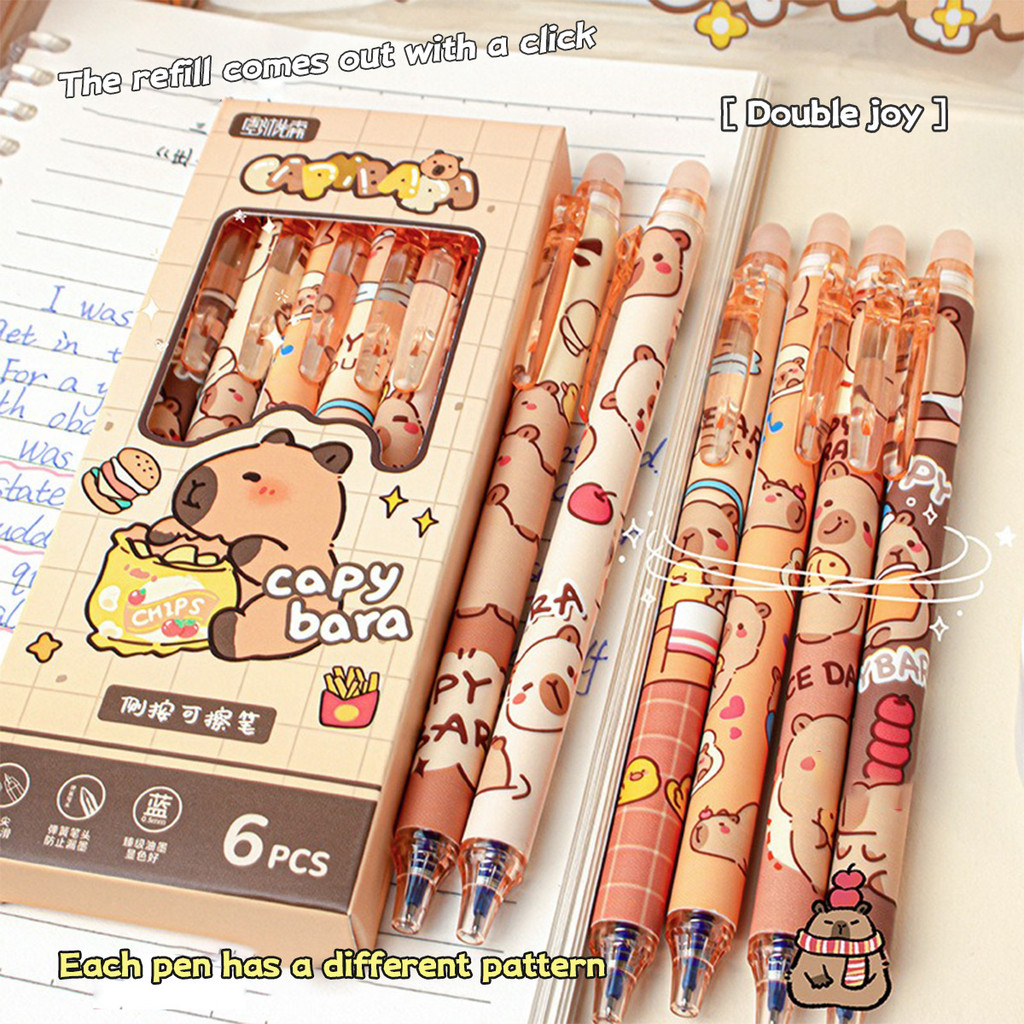 6pcs Kawaii Capybara ปากกาเจล Erasable ปากกา 0.5 มม.ปากกาสีฟ้า ST NIb Smooth เขียนเครื่องเขียนโรงเรียนอุปกรณ์