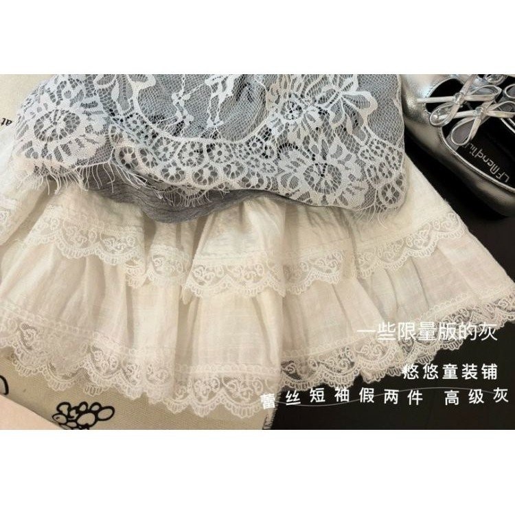 ท็อปผ้าฝ้ายสำหรับเด็กผู้หญิง แขนสั้นลูกไม้ฤดูร้อน เสื้อยืดเด็กใหญ่สองชิ้นปลอม - รูปที่ 6