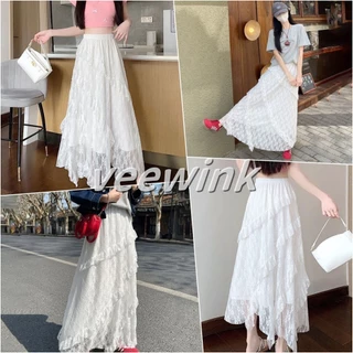 Veewink กระโปรงเค้กสีขาวเอวสูงกระโปรงลูกไม้ยาวปานกลางสไตล์หรูหราเอวยางยืดกระโปรงทรงเอ เอวฟรีไซส์รัดพอดีเป๊ะ