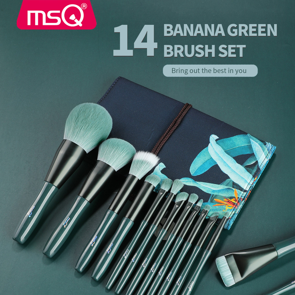 MSQ แปรงแต่งหน้า, 14Pcs ชุดแปรงแต่งหน้าคุณภาพสูงสีเขียวเข้มชุดแปรงอายแชโดว์แป้งฝุ่นนุ่มพิเศษ