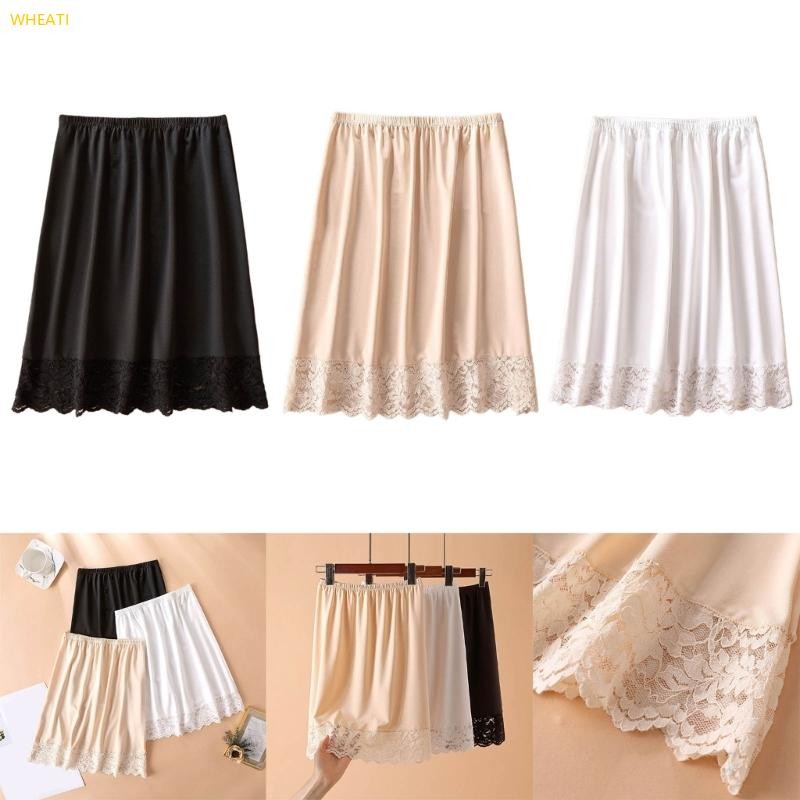 Wheati.vn ผู้หญิงเข่าความยาวครึ่ง Slip Underkirt เอวยางยืดสีทึบลูกไม้ Trim Petticoat Basic กระโปรงครึ่งสําหรับ Unde