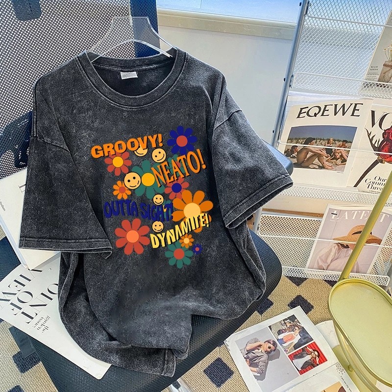 TeddyTee🌸เสื้อสาวอวบ-เสื้อยืด oversize สวมใส่สบาย ลายพิมพ์ "GROOVY Flower" สไตล์เกาหลี  ไม่ต้องรีด แนวสตรีท ผ้าฝ้าย100%