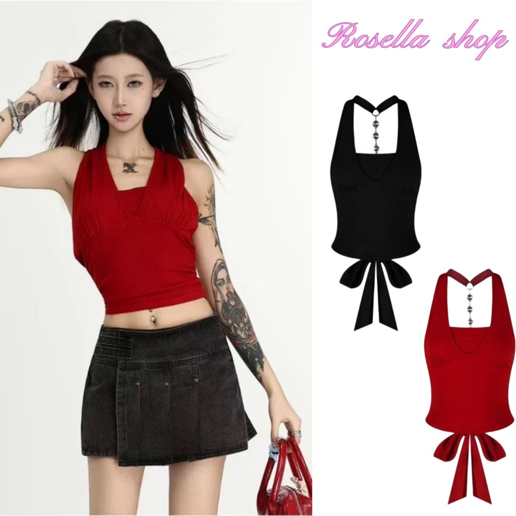 Rosella【สินค้าใหม่👗】แฟชั่นขายดี สวยงาม สายคล้องคอ เสื้อกั๊กคอวีสไตล์ฝรั่งเศส สายเดี่ยว รัดรูป เซ็กซี่ เสื้อตัวสั้น