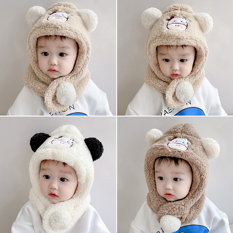หมวกผ้าพันคอปักลายวัวพร้อมหมวกอบอุ่นสําหรับเด็กสีทึบในฤดูใบไม้ร่วงและฤดูหนาวแบบบูรณาการสําหรับออกนอกบ้านในฤดูหนาว