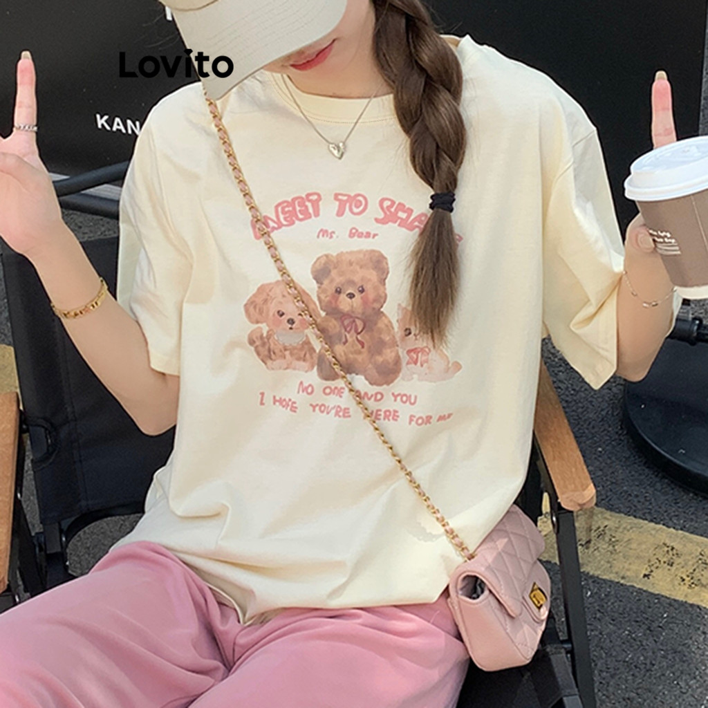 Lovito เสื้อยืดผู้หญิง มีลาย สีพื้น สไตล์ลำลอง LNE24229 (แอปริคอท/เทาอ่อน/ขาว)