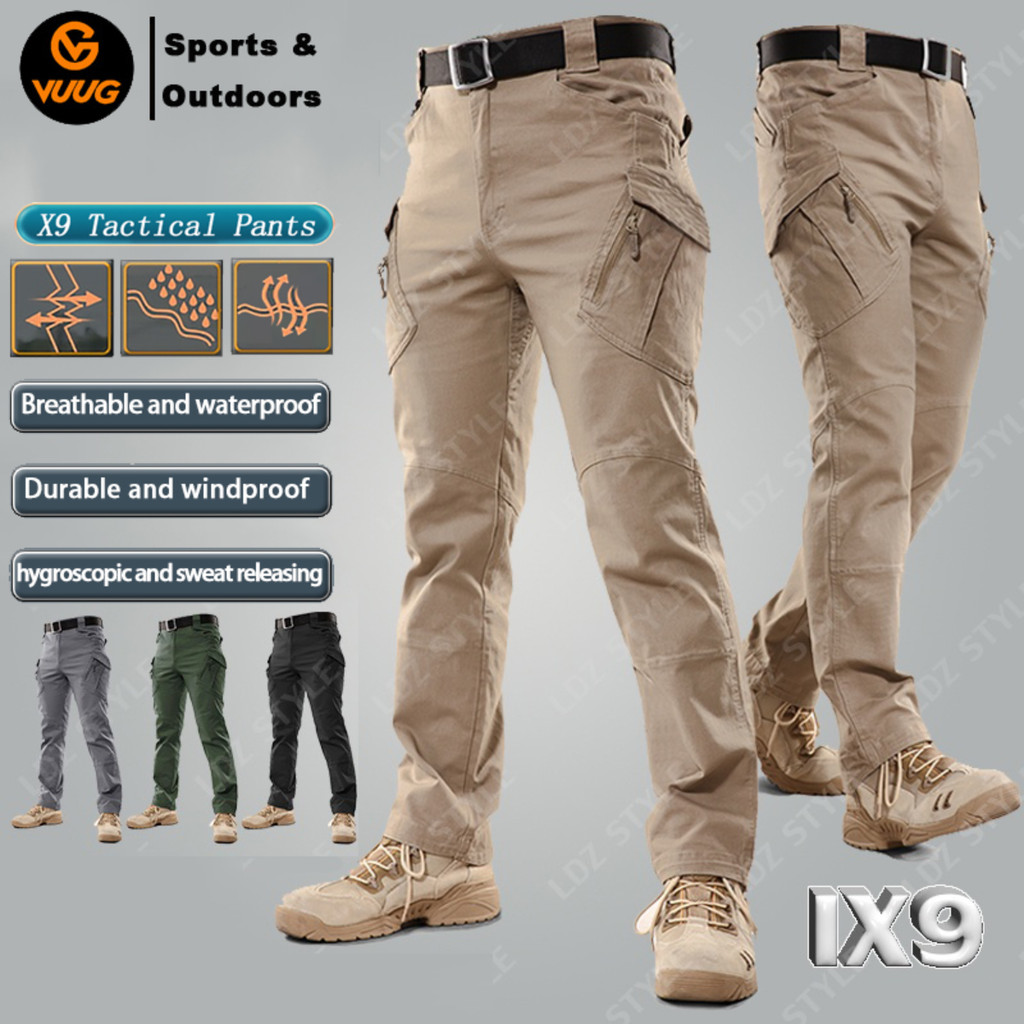 กางเกงขายาวIX9แบบยืดได้สำหรับผู้ชายกางเกงกันน้ำกลางแจ้งกันน้ำสำหรับผู้ชายกางเกงทหารกระเป๋าหลายใบหลวม