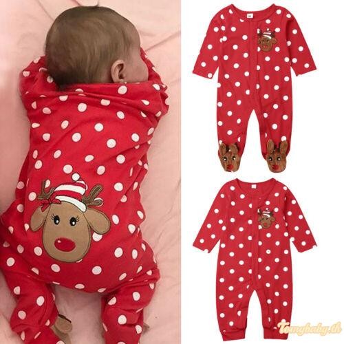 Tomybaby-ชุดรอมเปอร์คริสต์มาสสําหรับเด็กแขนยาวคอกลม Fawn ปักลายจุดพิมพ์จั๊มสูท