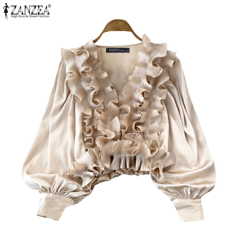 ZANZEA ใส่ ซานเซีย ผู้หญิงวินเทจลําลองคอวีโคมไฟแขนนัวเนียเสื้อหลวม