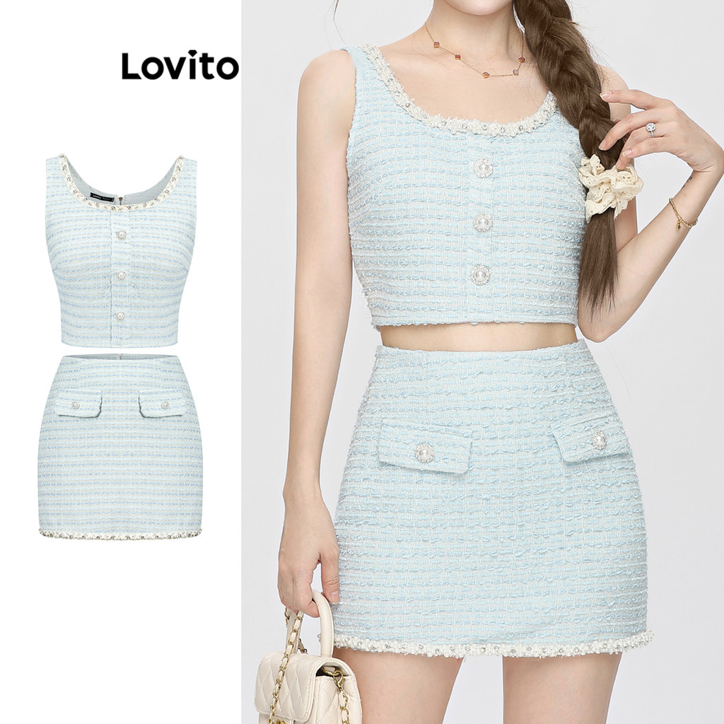 Lovito ชุดกระโปรงคอระบายไข่มุก ลายกิงแฮมแบบสบาย ๆ สำหรับผู้หญิง LAD106659