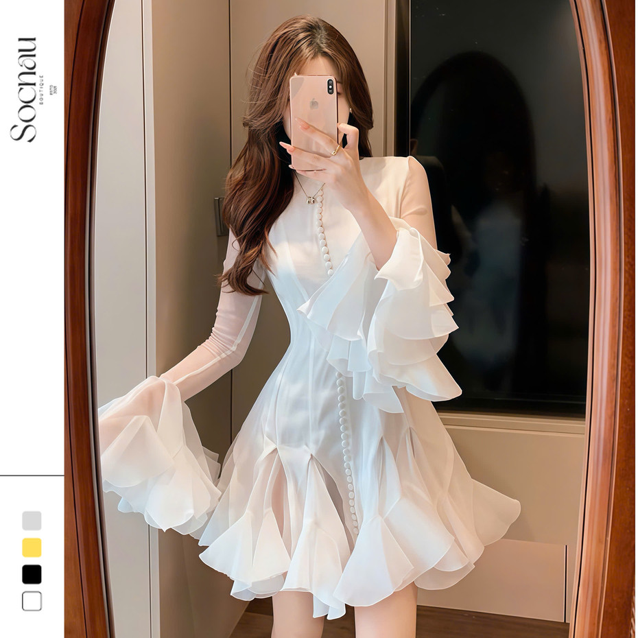 แขนยาวบานแขน Bath Beo Dress NV678 แฟลตสวยและชุด Banh Beo เซ็กซี่พร้อมกระดุมห่อ