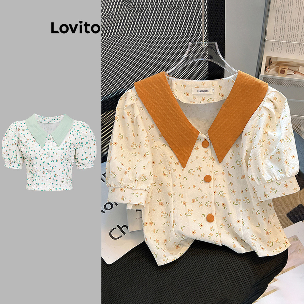 Lovito เสื้อเบลาส์ แขนพอง คอปก ลายดอกไม้ คัลเลอร์บล็อก สไตล์ลำลอง สำหรับผู้หญิง LNA16038 (หลากสี)