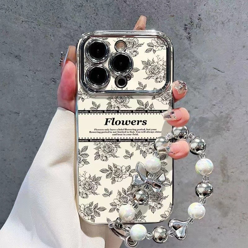 Iphone 16 15 14 13 12 11 Pro Max X XR XS Max 7 8 Plus INS เคสโทรศัพท์ดอกเคมีเลียสีขาวที่เรียบง่ายและขั้นสูงสร้อยข้อมือ Electroplated ปกอ่อน
