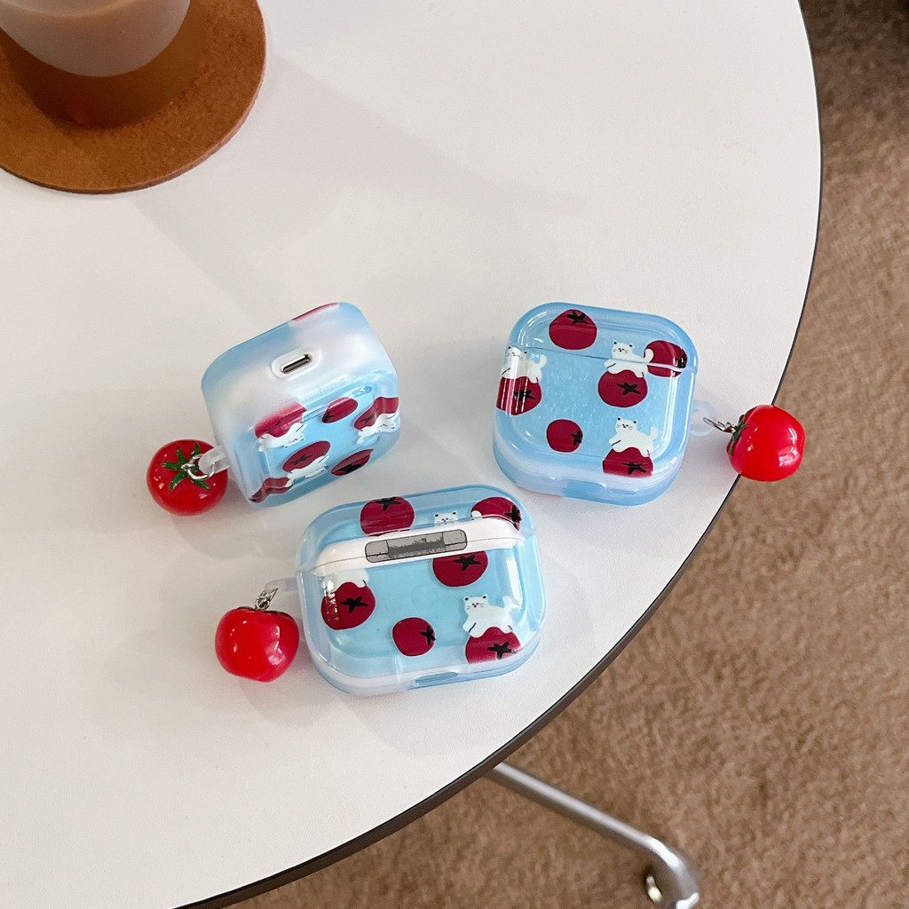 มะเขือเทศแมวการ์ตูนสแควร์กรณีเข้ากันได้สําหรับ แอร์พอด AIRPODS 4 PRO1/2/3 PRO2 ไร้สายบลูทูธหูฟังกันกระแทกปกนุ่ม ทีพียู ใสป้องกันปลอกกับจี้ - รูปที่ 3