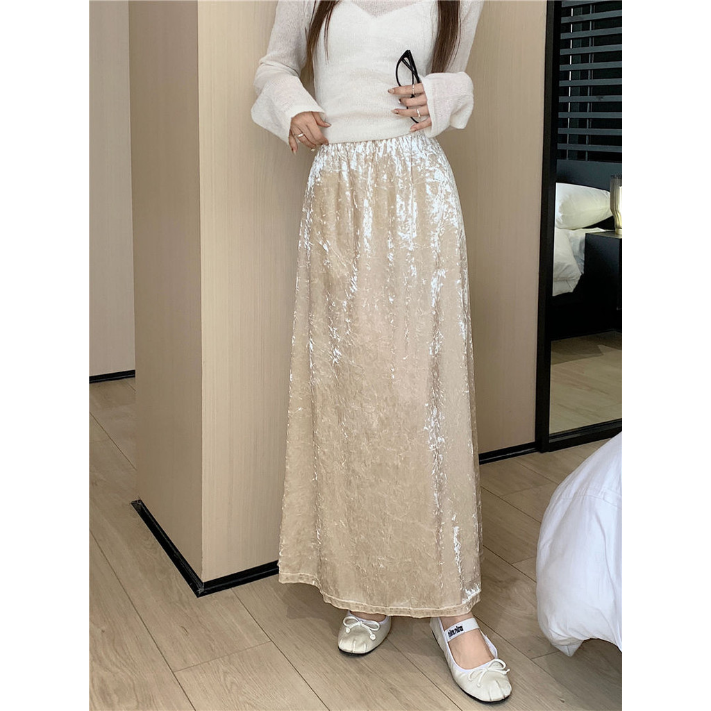 Simple All-Match ฤดูใบไม้ร่วงสไตล์ใหม่กํามะหยี่ Slimmer ดู All-Match กระโปรงยาวผู้หญิง Over-the-Knee หวานสาวร้อน Temper