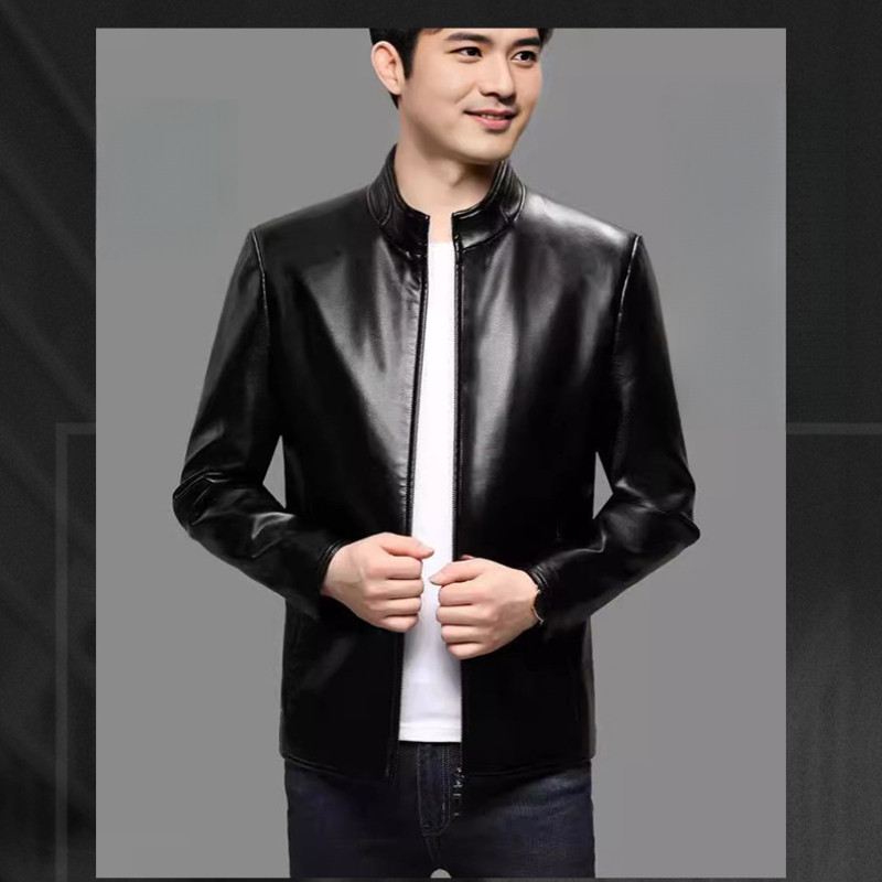 เสื้อแจ็คเก็ตผู้ชายหนังแขนยาวสไตล์ฮ่องกงสํานักงานลําลองสีทึบซิปกันลม zxr32