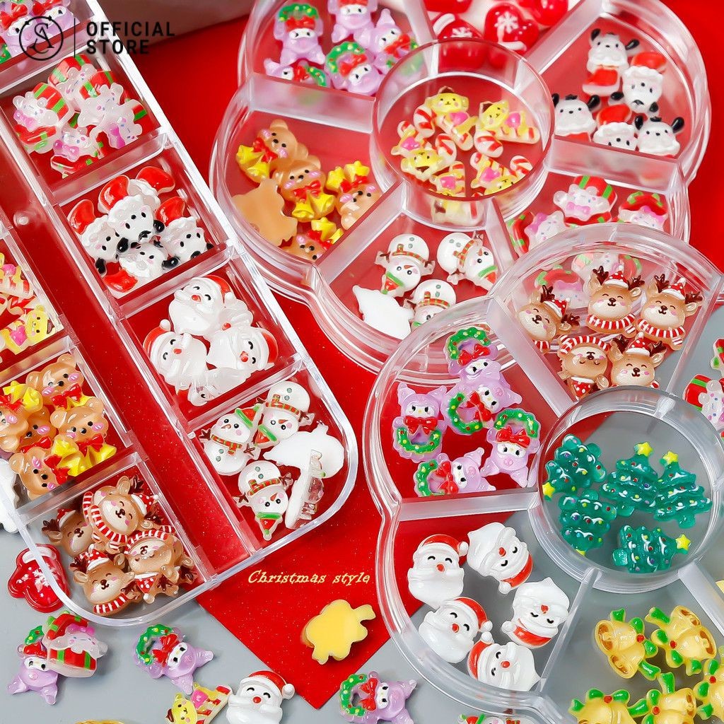 เครื่องประดับเล็บคริสต์มาส ซานตาคลอสต้นคริสต์มาส DIY ตกแต่งเล็บบรรจุกล่อง