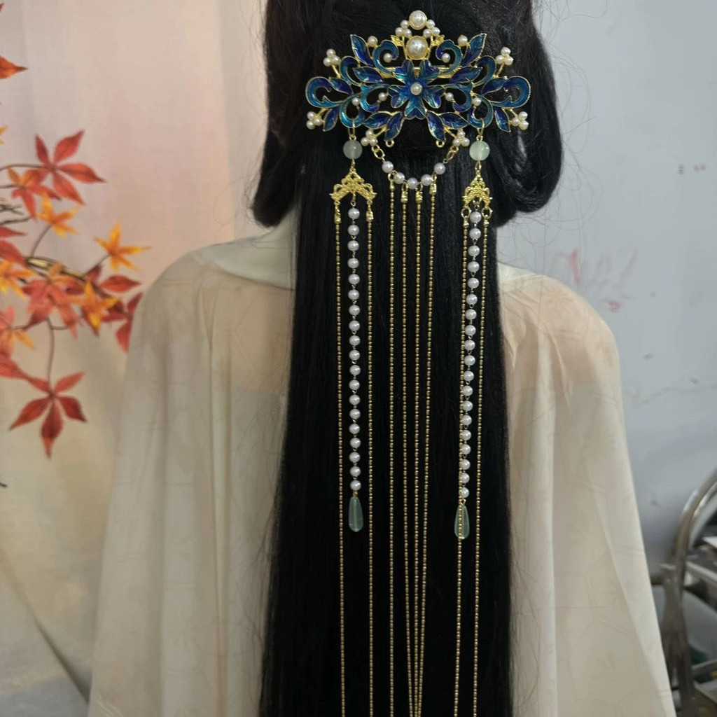 Burnt Blue กิ๊บติดผมพู่ยาวกลับกดโบราณ Hanfu อุปกรณ์เสริม Original Headdress เครื่องประดับผมกลับกด All-Match สไตล์ขายร้อนมูลค่าสูง 10.31