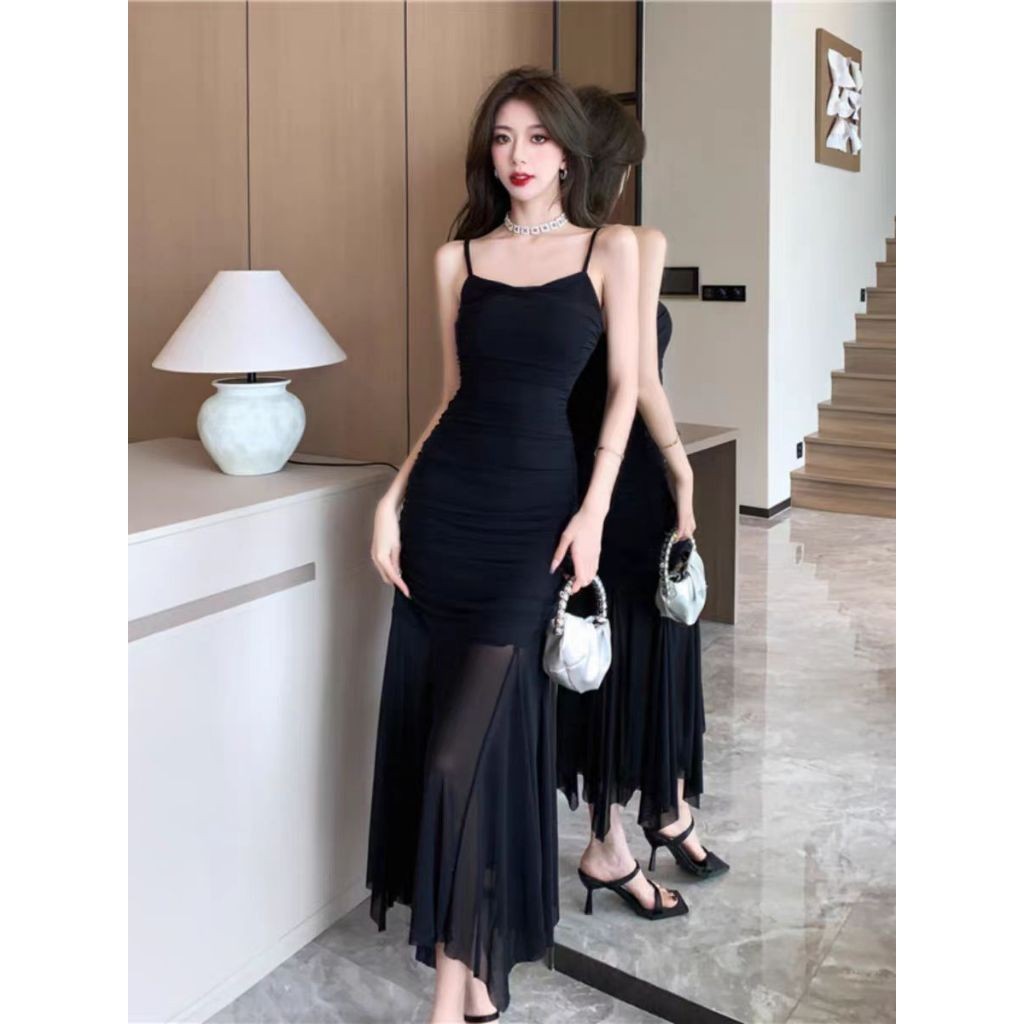 black เดรสสีดําลูกไม้ สายเดี่ยว แขนกุ เปิดไหล่ รัดรูป เปิดหลัง แฟชั่น สาวอวบ เกาหลี เดรสไปทะเล