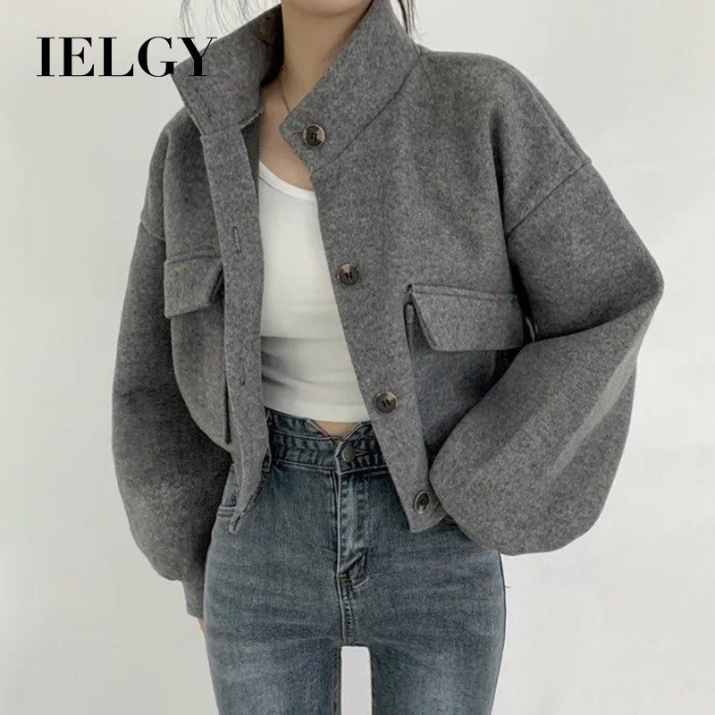 IELGY สไตล์เกาหลีคอตั้งสั้นสไตล์ขี้เกียจหลวมเสื้อขนสัตว์สําหรับผู้หญิง