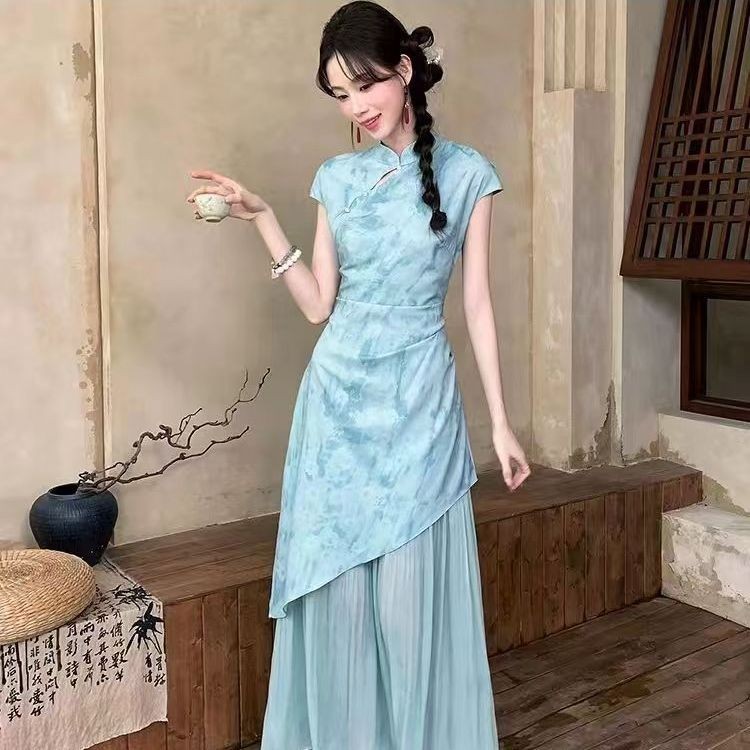 สไตล์จีน 2024 ใหม่สไตล์จีน Zen Smudge พิมพ์ Slimmer ดู Cheongsam ปรับปรุงชุด 11.17