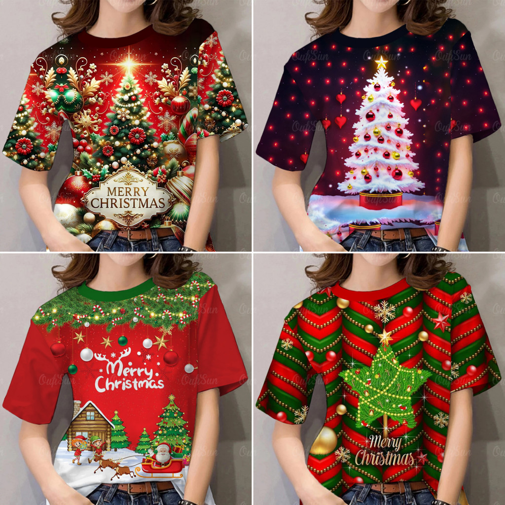 2025 เสื้อยืดผู้หญิงคริสต์มาสลายต้นคริสต์มาสคอกลมแขนสั้นด้านบนทั้งชายและหญิงสามารถสวมใส่หลวมและแฟชั่นสุขสันต์วันคริสต์ม