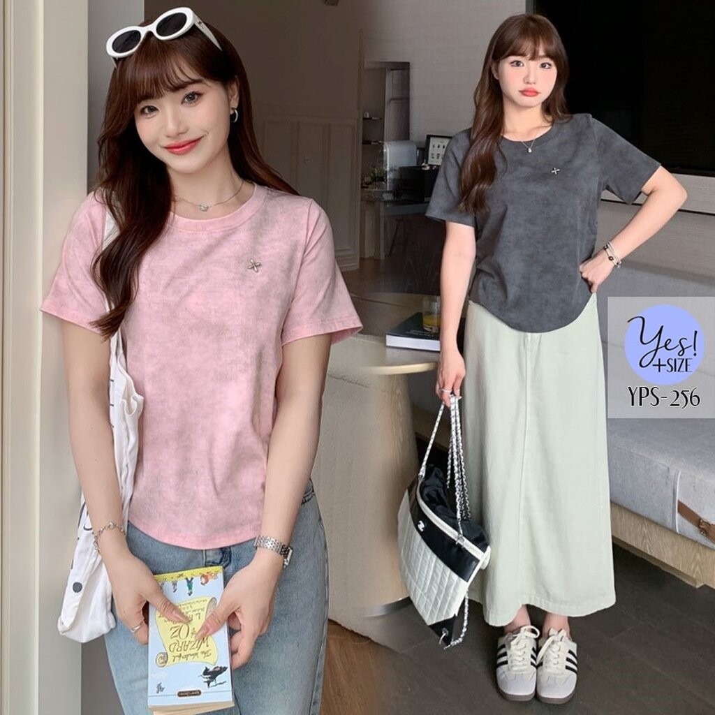 เสื้อยืดแขนสั้นสาวอวบ อก 36-52+ เสื้อยืดคอกลม ลายควันสโมค ผ้ามีกลิตเตอร์วิ้งๆ สีชมพู/เทาเข้ม YPS-256