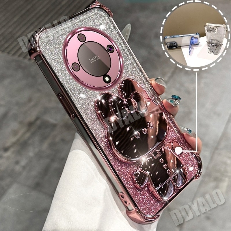 ถุงลมนิรภัยสําหรับ Honor X9A X9B X9 200 Pro 90 70 5G Glitter สี่มุมชุบ anti drop เคสโทรศัพท์การ์ตูน 3D กระต่ายขาตั้ง TPU ปกอ่อน